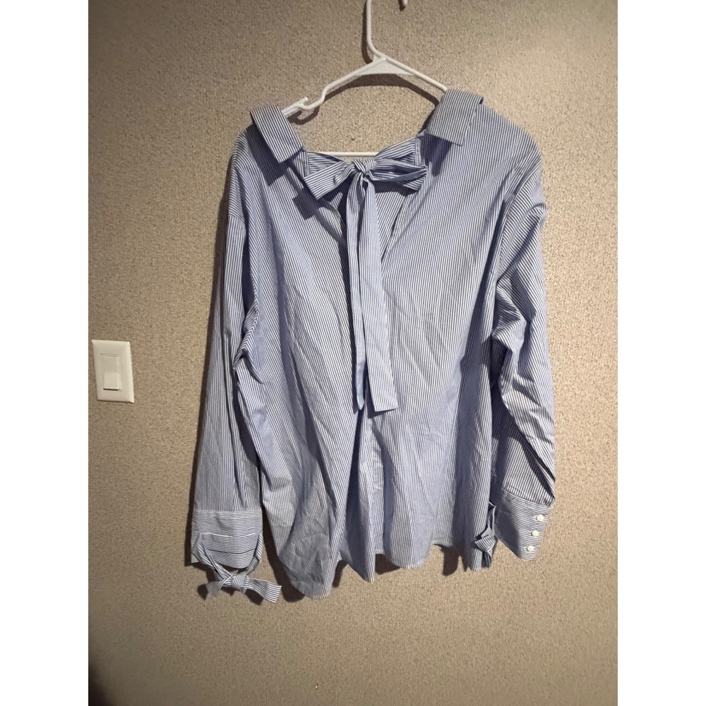 Zac &‎ Rachel Woman Blue White Pinstripe Bow Back Button Down Shirt Plus Size 2X